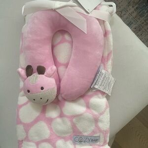 Cozy Baby Pink Giraffe Neck Pillow and Blanket Set